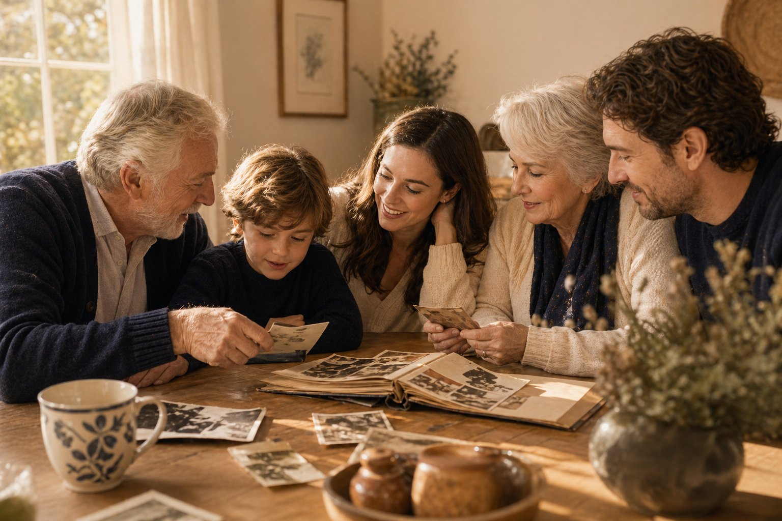 Three generations gathered around family photos at a bright table